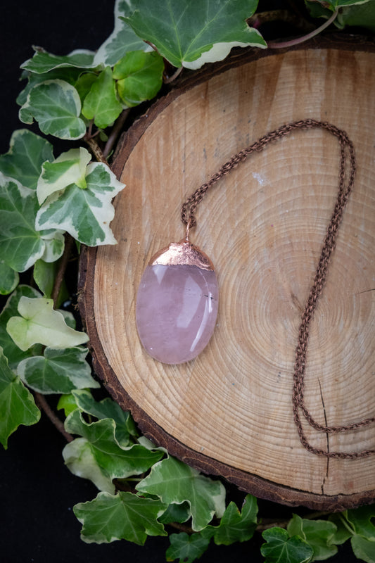 Rose Quartz Copper Pendant, Electroformed Crystal Necklace, Handmade UK Artisan Jewellery, Healing Copper & Gemstone Jewellery, Boho style.