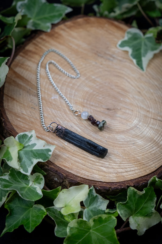 Black Tourmaline Copper Pendulum with Garnet Prehnite and Moonstone Crystals for Energy Healing Divination and Grounding