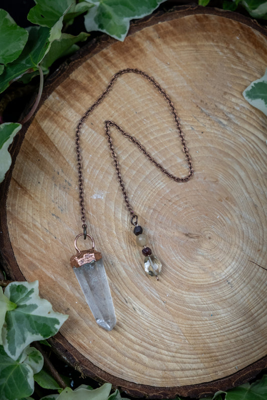 Clear Quartz Copper Pendulum with Citrine Garnet and Peach Moonstone, Handmade Crystal Dowsing Tool for Divination and Energy Healing