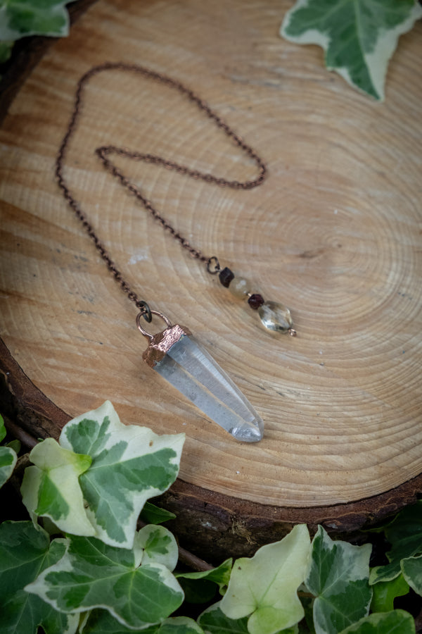 Clear Quartz Copper Pendulum with Citrine Garnet and Peach Moonstone, Handmade Crystal Dowsing Tool for Divination and Energy Healing