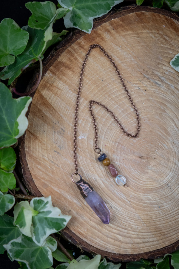 Handmade Vera Cruz Amethyst and Copper Crystal Pendulum with Clear Quartz, Sunstone, Crazy Lace Agate and Amethyst Beads