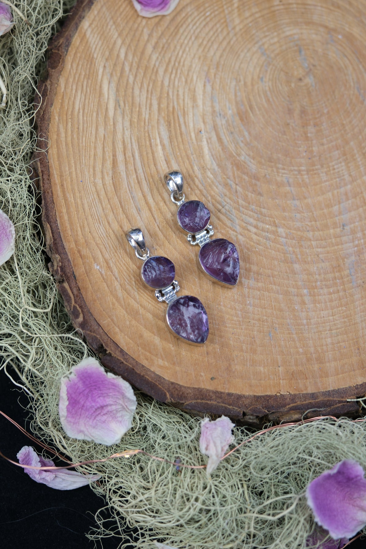 Raw Amethyst Double Stone Sterling Silver Pendant