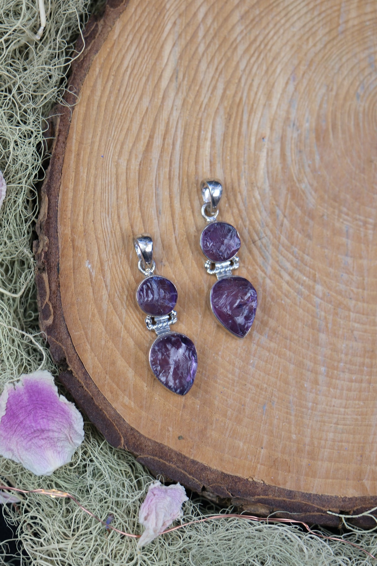 Raw Amethyst Double Stone Sterling Silver Pendant