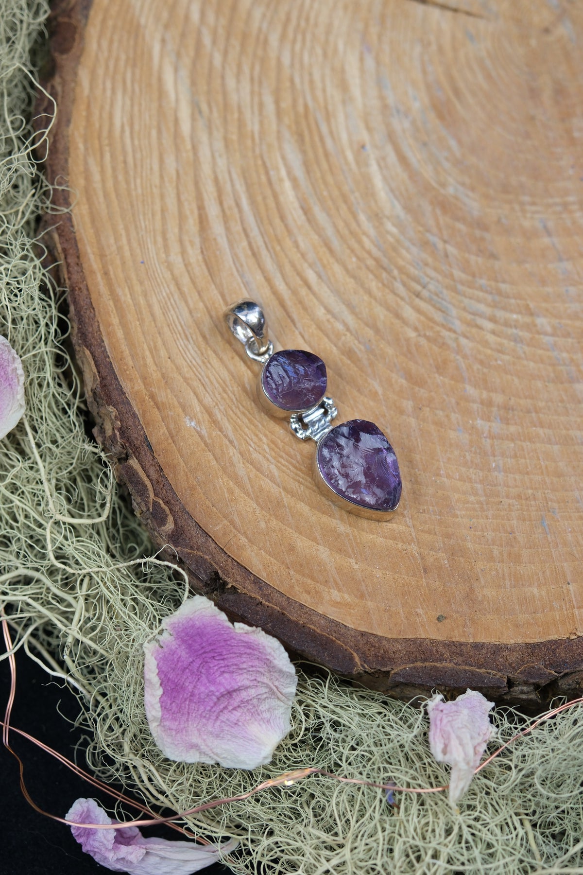 Raw Amethyst Double Stone Sterling Silver Pendant
