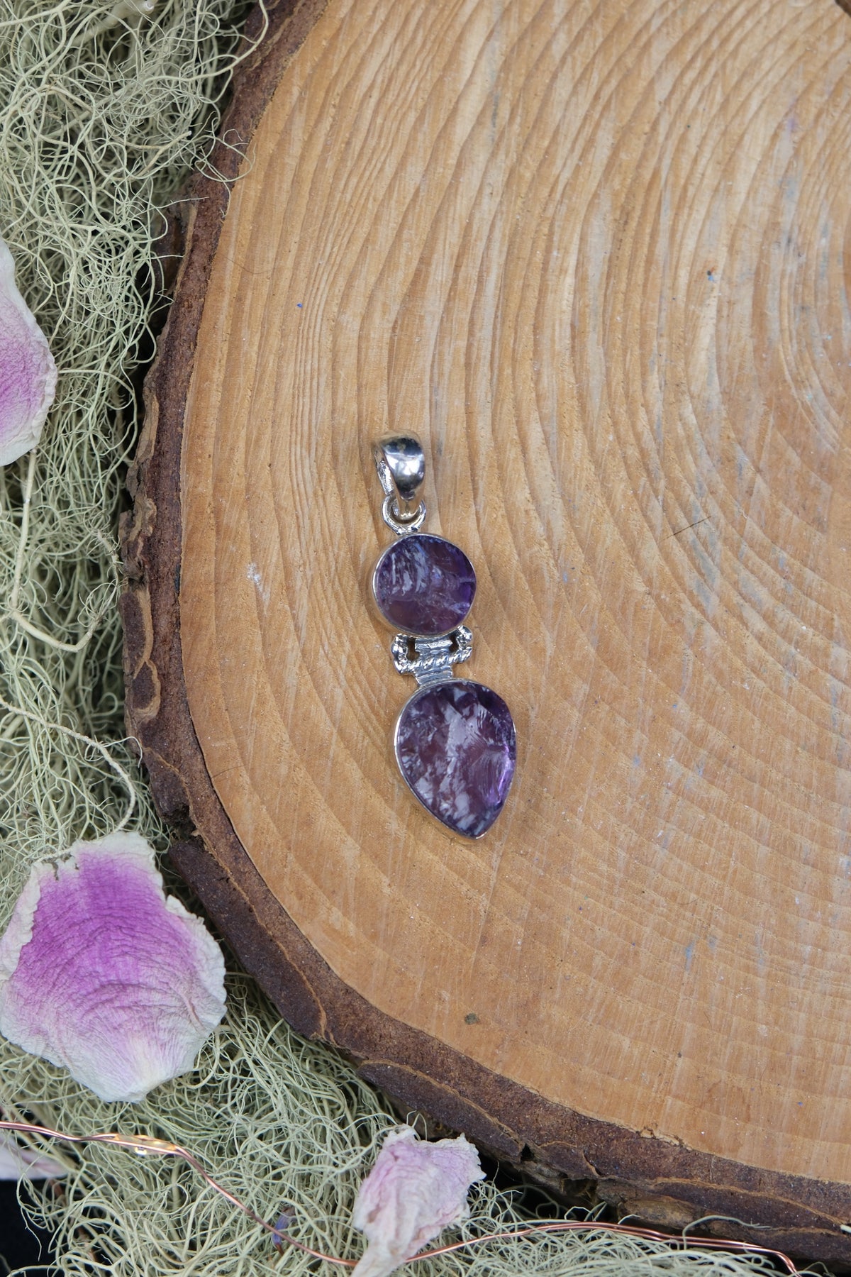 Raw Amethyst Double Stone Sterling Silver Pendant