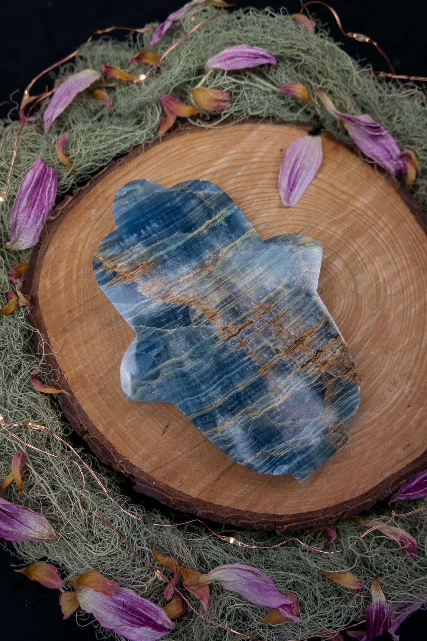 Lemurian Aquatine Calcite Hamsa Hand Crystal Carving, Blue Gemstone Protection Stone for Calm Intuition and Emotional Healing