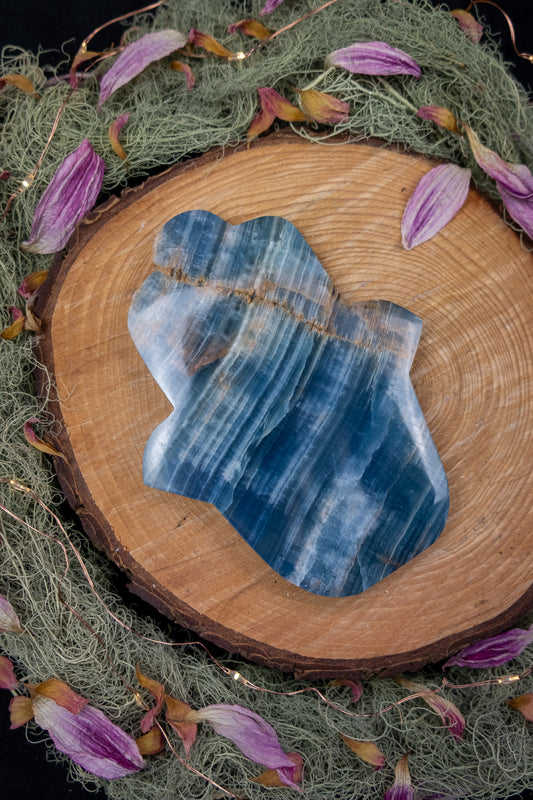 Lemurian Aquatine Calcite Hamsa Hand Crystal Carving, Blue Gemstone Protection Stone for Calm Intuition and Emotional Healing