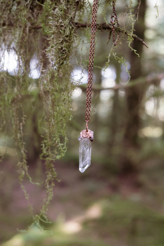 Clear Quartz and Copper Pendant, Electroformed Crystal Necklace, Raw Quartz Gemstone, Healing Energy Amplifier Stone.