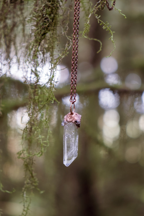 Clear Quartz and Copper Pendant, Electroformed Crystal Necklace, Raw Quartz Gemstone, Healing Energy Amplifier Stone.