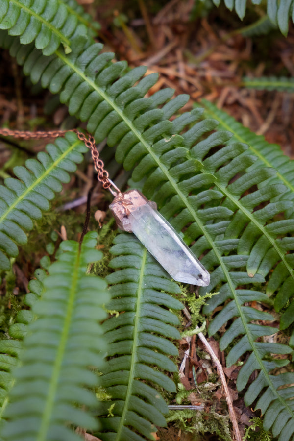Clear Quartz and Copper Pendant, Electroformed Crystal Necklace, Raw Quartz Gemstone, Healing Energy Amplifier Stone.