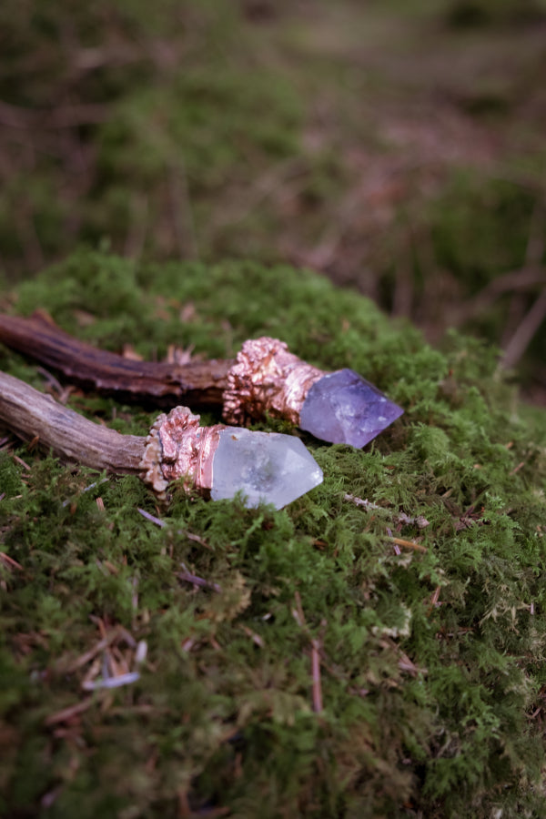 Amethyst Crystal Wand with Copper and Deer Antler, Handmade Ritual Tool, Gemstone Wand for Healing, Intuition, Protection and Crown Chakra