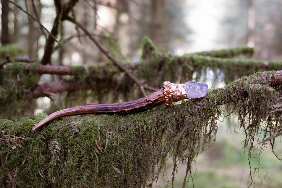 Amethyst Crystal Wand with Copper and Deer Antler, Handmade Ritual Tool, Gemstone Wand for Healing, Intuition, Protection and Crown Chakra