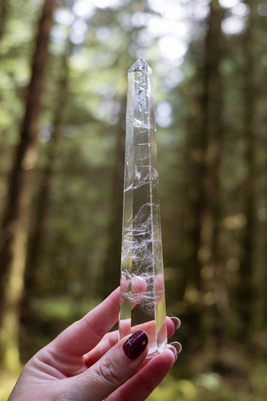 Clear Lemurian Quartz Vogel Wand, 6 Sided Crystal Point with Domed Top for Clarity, Energy Healing and Higher Guidance