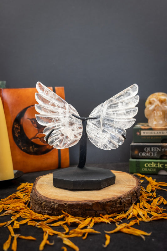 High Grade Brazilian Clear Quartz Angel Wings, Hand Carved Quartz Gemstone Sculpture on Stand, Healing Crystal Stone for Energy and Light