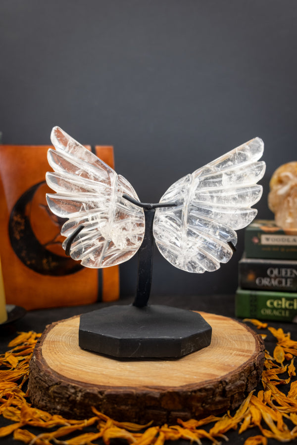 High Grade Brazilian Clear Quartz Angel Wings, Hand Carved Quartz Gemstone Sculpture on Stand, Healing Crystal Stone for Energy and Light