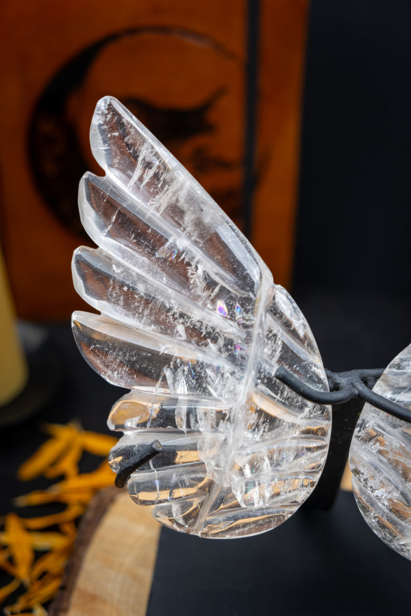 High Grade Brazilian Clear Quartz Angel Wings, Hand Carved Quartz Gemstone Sculpture on Stand, Healing Crystal Stone for Energy and Light
