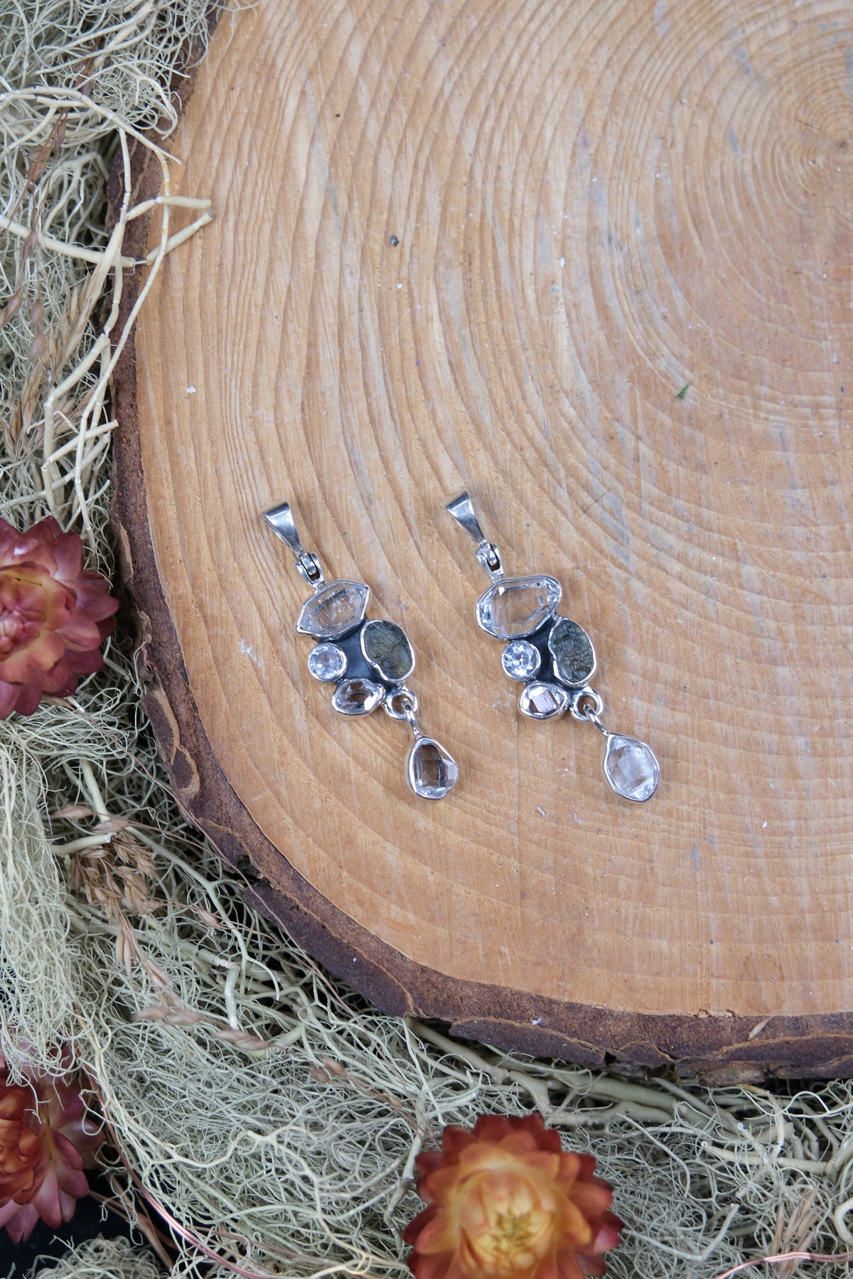 Herkimer Diamond, Clear Quartz & Moldavite Pendant