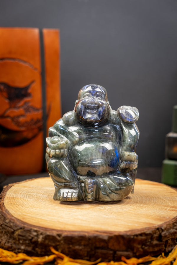 Labradorite Crystal Happy Buddha Hand Carved with Bright Blue Flash Gemstone Figurine