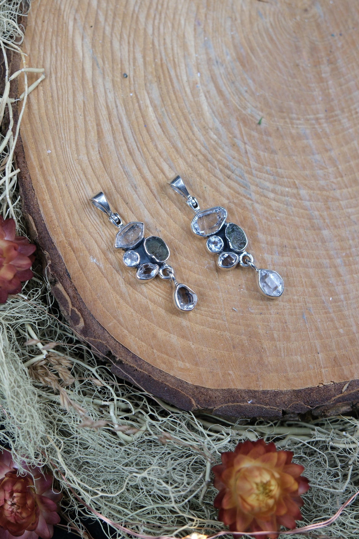 Herkimer Diamond, Clear Quartz & Moldavite Pendant