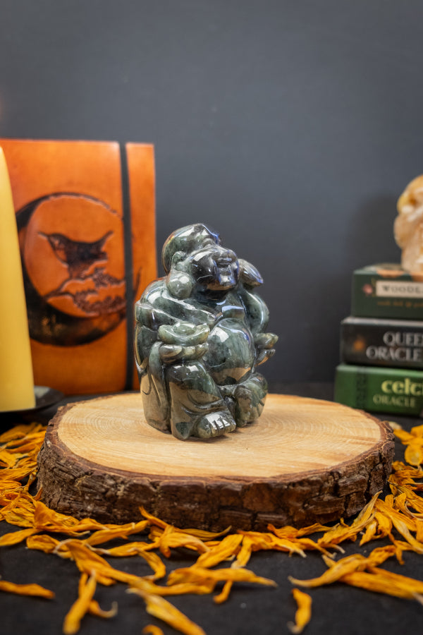 Labradorite Crystal Happy Buddha Hand Carved with Bright Blue Flash Gemstone Figurine