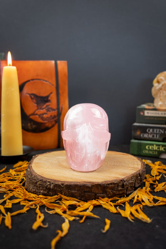 High Grade Rose Quartz Crystal Skull, Hand Carved Gemstone with Unique Markings, Healing Stone for Love and Heart Chakra