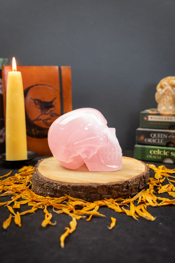 High Grade Rose Quartz Crystal Skull, Hand Carved Gemstone with Unique Markings, Healing Stone for Love and Heart Chakra