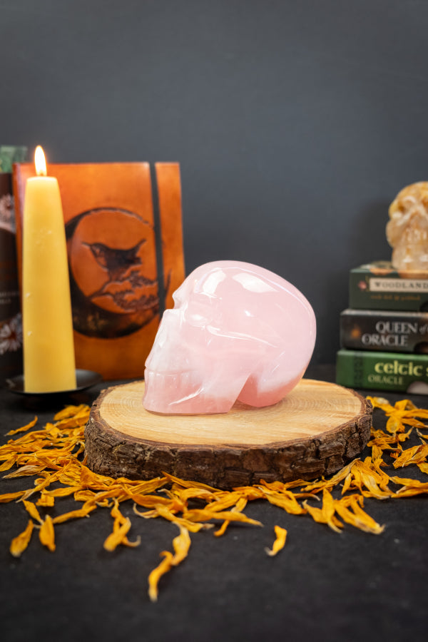High Grade Rose Quartz Crystal Skull, Hand Carved Gemstone with Unique Markings, Healing Stone for Love and Heart Chakra