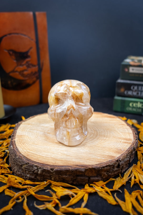 Golden Healer Crystal Skull with Rainbows, High Grade Healing Stone, Hand Carved Gem Skull for Energy Clearing and Spiritual Growth