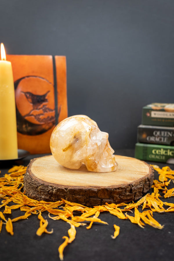 Golden Healer Crystal Skull with Rainbows, High Grade Healing Stone, Hand Carved Gem Skull for Energy Clearing and Spiritual Growth