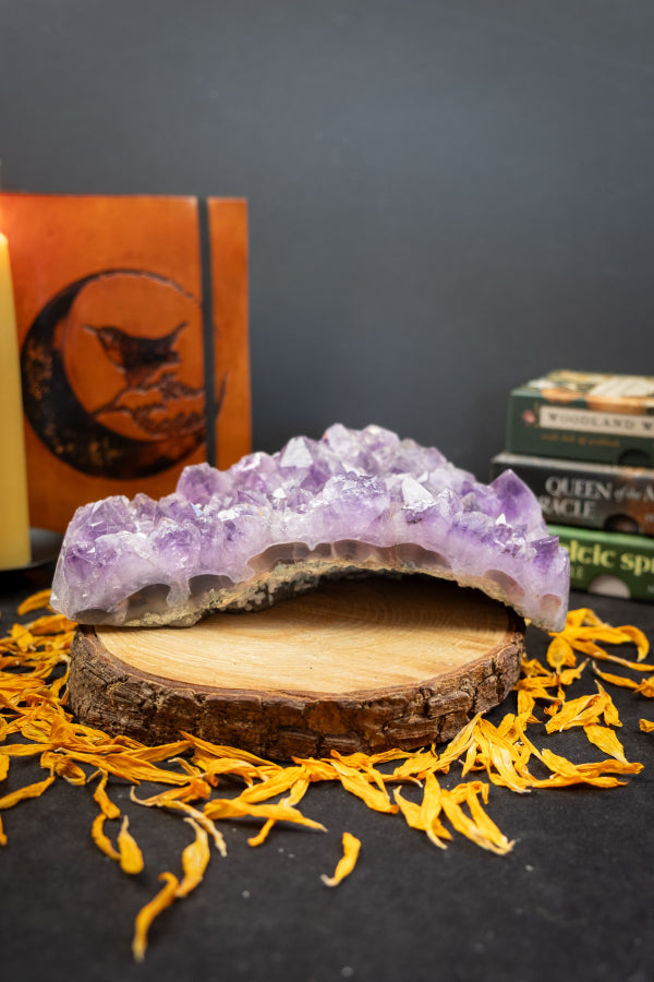 Amethyst Bed with Moss Agate, Freestanding Crystal Stone, Wave Shaped Gem for Healing and Energy Work