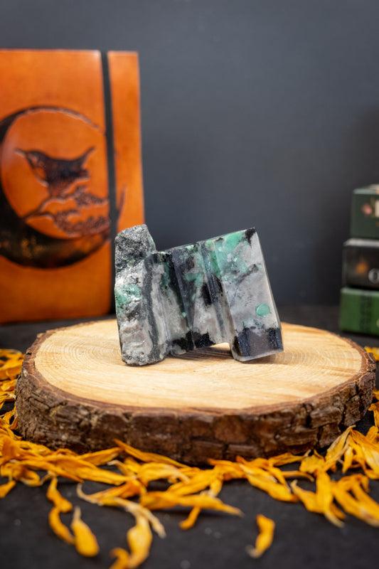 Raw Emerald and Mica Stone, Natural Emerald Crystal with Dark Mica Sparkle, Heart Chakra Healing Gemstone for Love and Growth