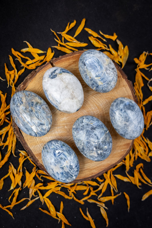 Kyanite in Quartz Palm Stone, Healing Crystal Gemstone, Calming Blue Kyanite with Quartz, Energy Clearing Meditation Stone
