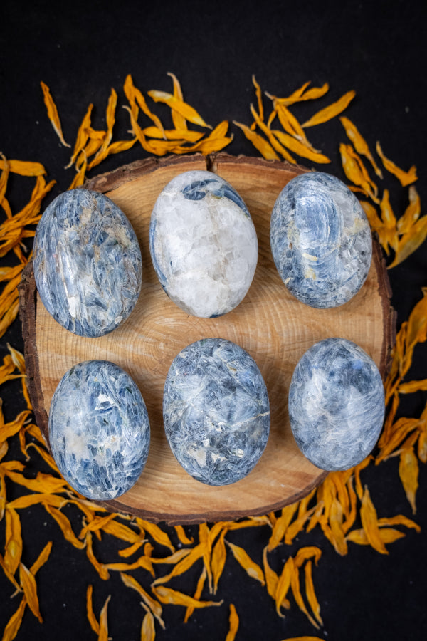 Kyanite in Quartz Palm Stone, Healing Crystal Gemstone, Calming Blue Kyanite with Quartz, Energy Clearing Meditation Stone