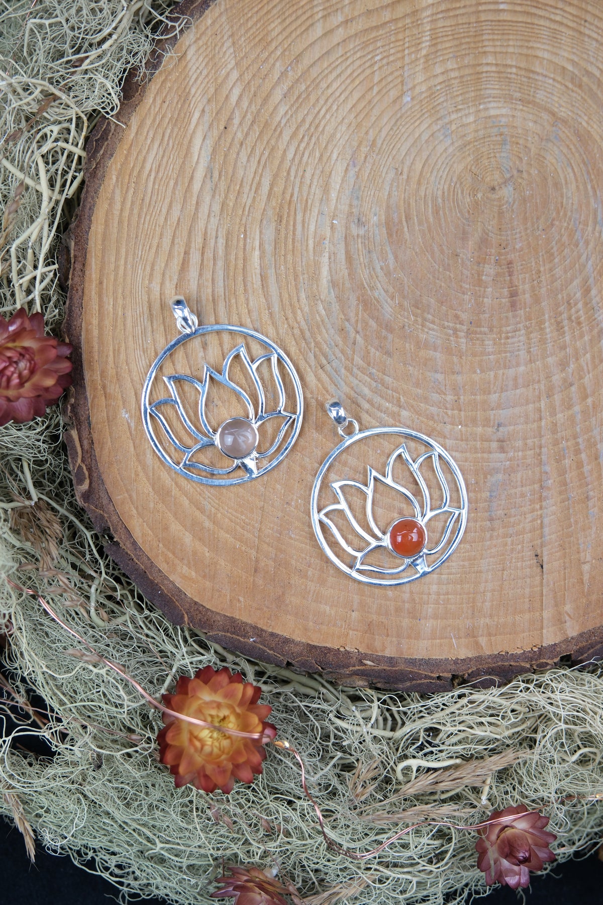 Rose Quartz & Carnelian Lotus Flower Pendant in Sterling Silver