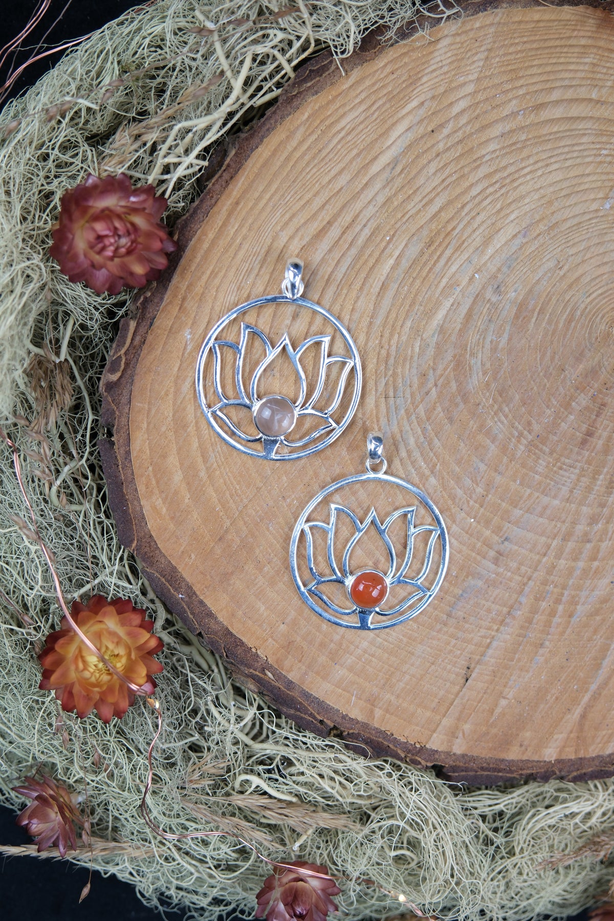 Rose Quartz & Carnelian Lotus Flower Pendant in Sterling Silver