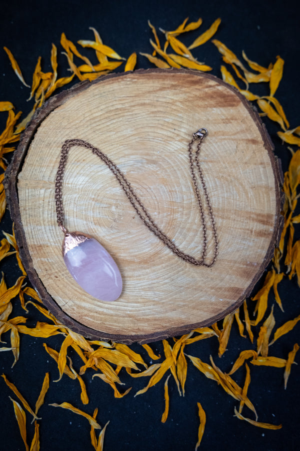 Rose Quartz Copper Pendant, Electroformed Crystal Necklace, Handmade UK Artisan Jewellery, Healing Copper & Gemstone Jewellery, Boho style.