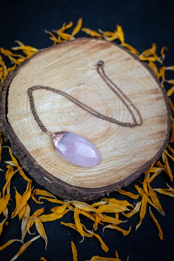 Rose Quartz Copper Pendant, Electroformed Crystal Necklace, Handmade UK Artisan Jewellery, Healing Copper & Gemstone Jewellery, Boho style.