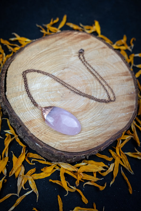 Rose Quartz Copper Pendant, Electroformed Crystal Necklace, Handmade UK Artisan Jewellery, Healing Copper & Gemstone Jewellery, Boho style.