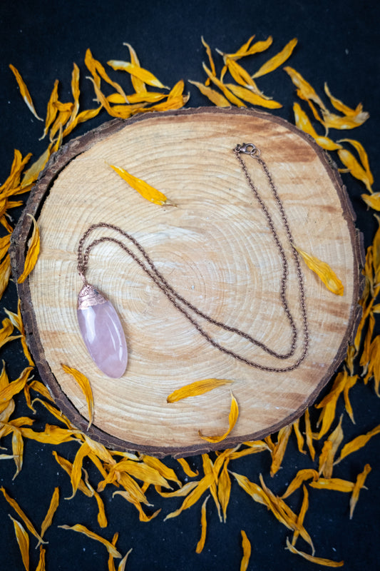 Rose Quartz Copper Pendant, Electroformed Crystal Necklace, Handmade UK Artisan Jewellery, Healing Copper & Gemstone Jewellery, Boho style.
