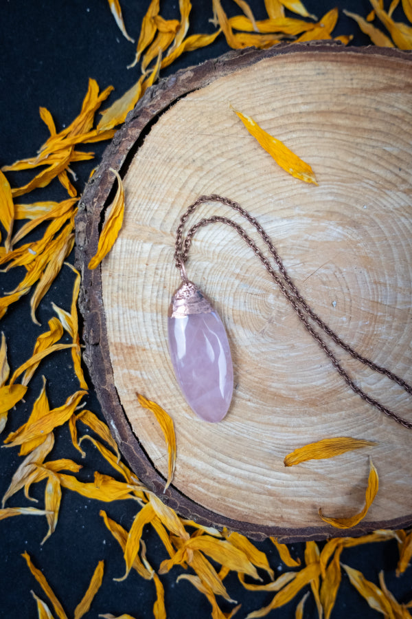 Rose Quartz Copper Pendant, Electroformed Crystal Necklace, Handmade UK Artisan Jewellery, Healing Copper & Gemstone Jewellery, Boho style.