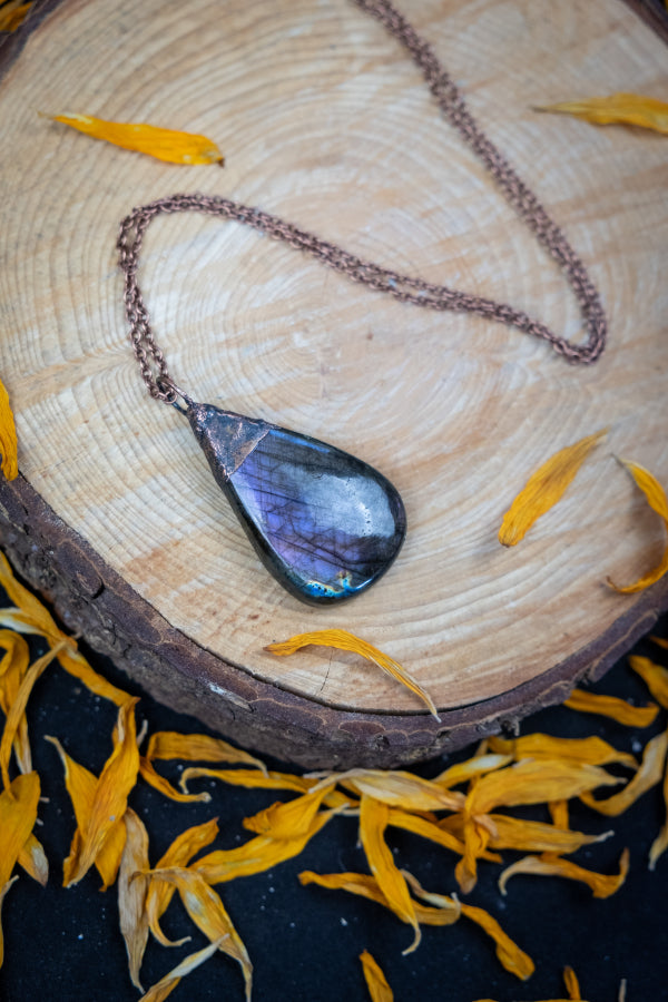 Electroformed Pink Flash Labradorite Copper Necklace