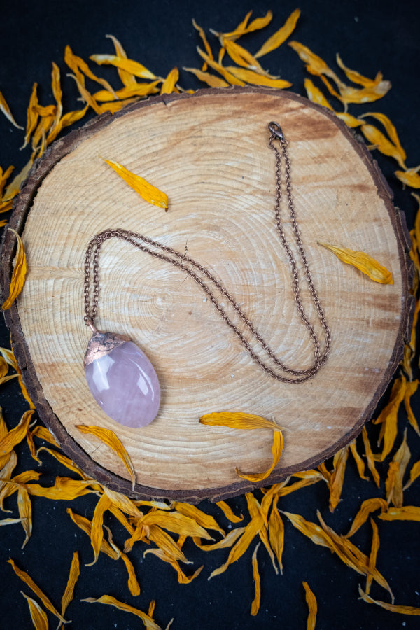 Rose Quartz Copper Pendant, Electroformed Crystal Necklace, Handmade UK Artisan Jewellery, Healing Copper & Gemstone Jewellery, Boho style.