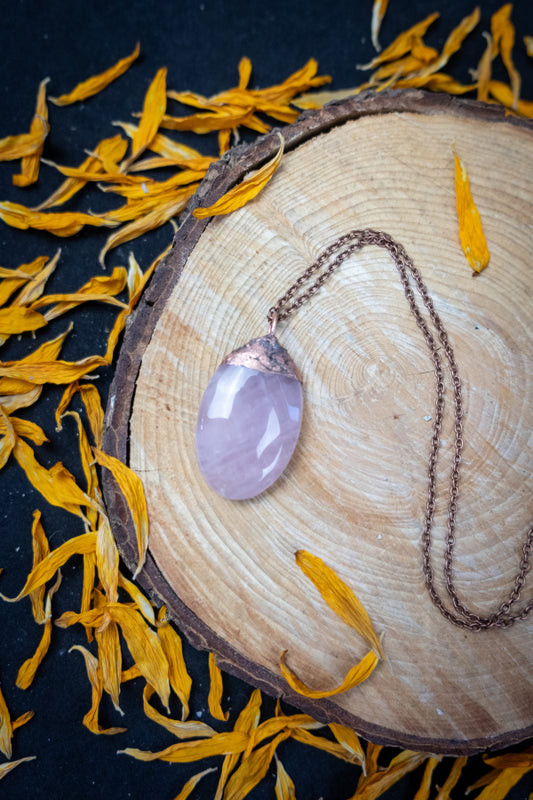 Rose Quartz Copper Pendant, Electroformed Crystal Necklace, Handmade UK Artisan Jewellery, Healing Copper & Gemstone Jewellery, Boho style.
