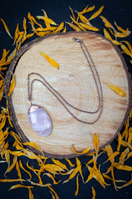 Rose Quartz Copper Pendant, Electroformed Crystal Necklace, Handmade UK Artisan Jewellery, Healing Copper & Gemstone Jewellery, Boho style.