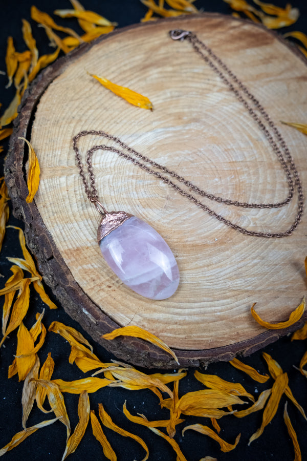 Rose Quartz Copper Pendant, Electroformed Crystal Necklace, Handmade UK Artisan Jewellery, Healing Copper & Gemstone Jewellery, Boho style.