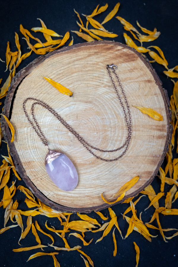 Rose Quartz Copper Pendant, Electroformed Crystal Necklace, Handmade UK Artisan Jewellery, Healing Copper & Gemstone Jewellery, Boho style.