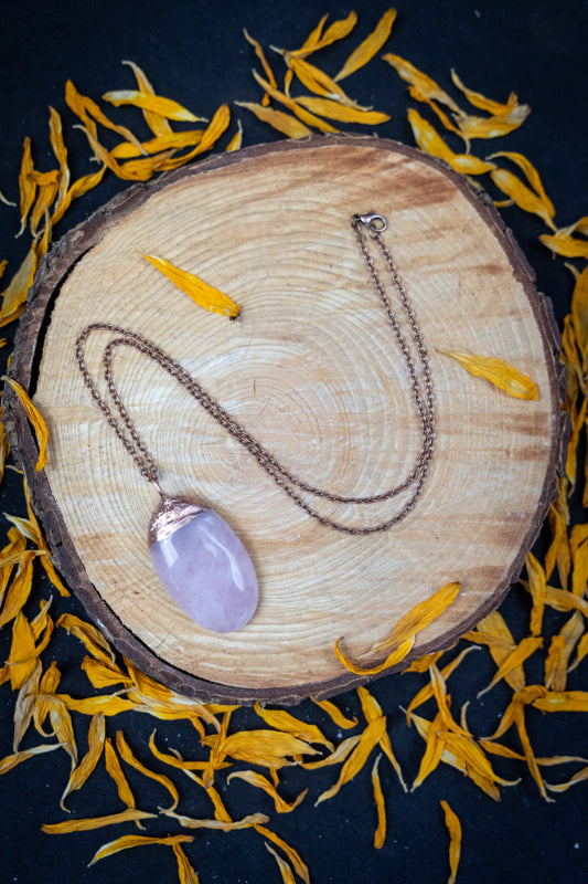 Rose Quartz Copper Pendant, Electroformed Crystal Necklace, Handmade UK Artisan Jewellery, Healing Copper & Gemstone Jewellery, Boho style.
