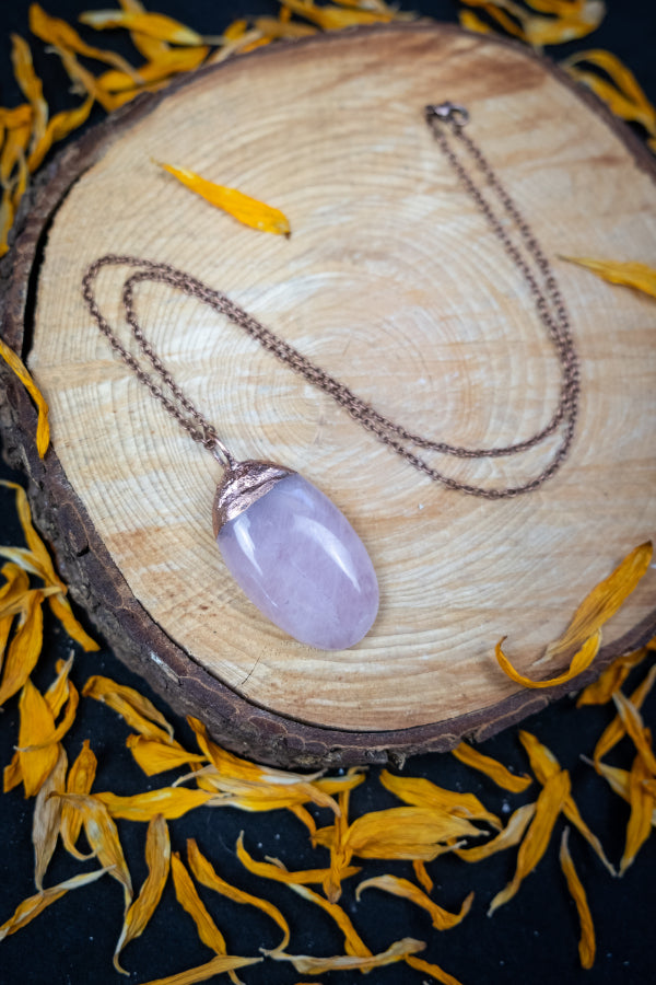 Rose Quartz Copper Pendant, Electroformed Crystal Necklace, Handmade UK Artisan Jewellery, Healing Copper & Gemstone Jewellery, Boho style.