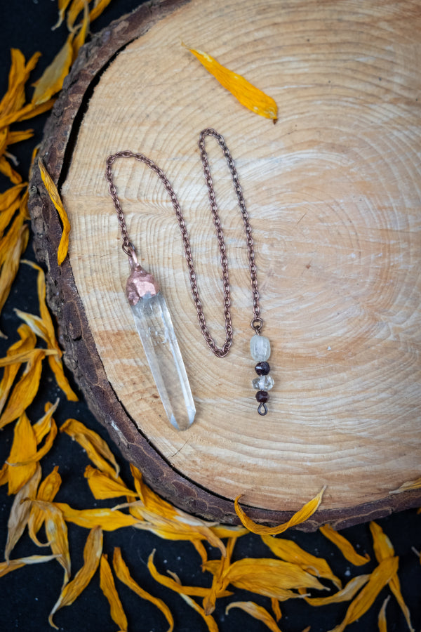 Clear Quartz Pendulum with Copper and Gemstone Beads, Handmade Divination Tool with Garnet Citrine and Quartz