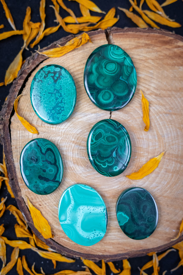 Malachite Oval Palm Stone, Polished Crystal Palm for Transformation and Protection, Ethically Sourced from the Congo